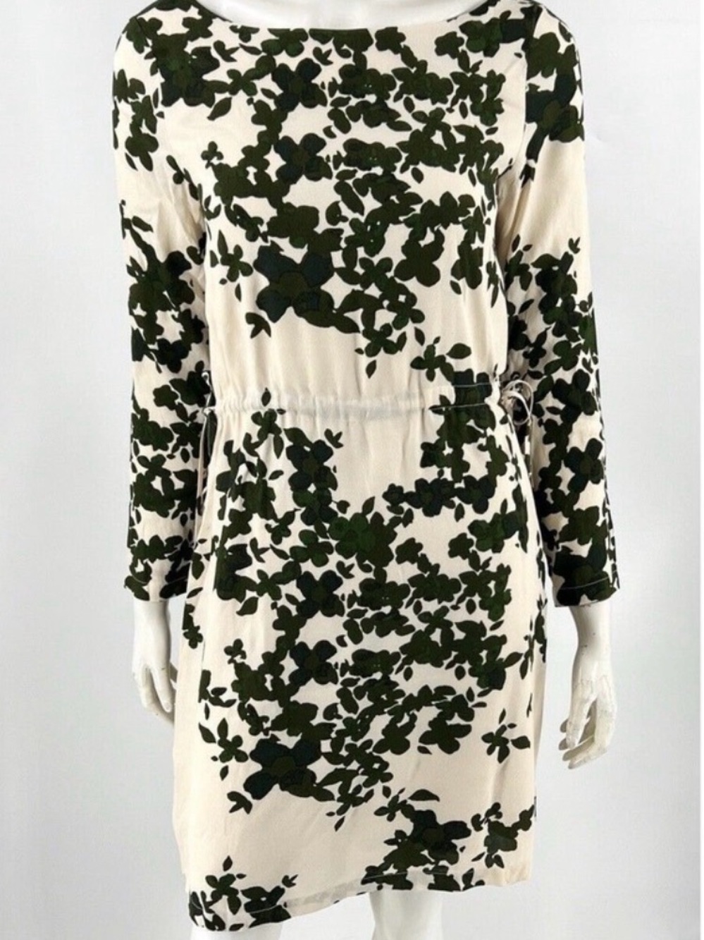 Ichi Brand Women's Dress Cream and Dark Green Floral Print Side Drawstring 1X
